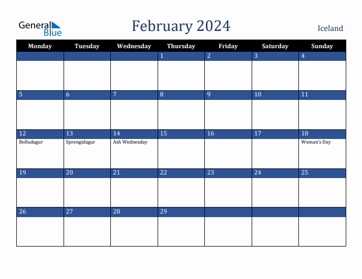 February 2024 Iceland Calendar (Monday Start)