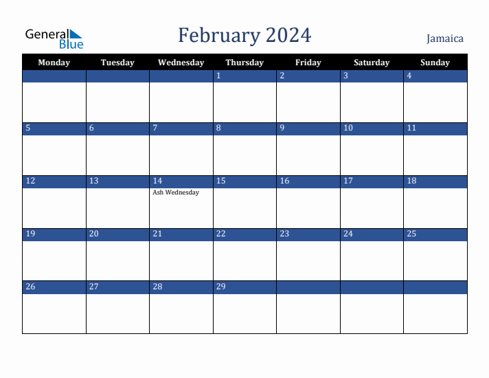 February 2024 Jamaica Calendar (Monday Start)