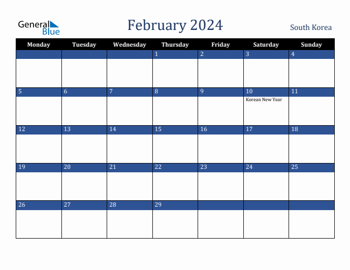February 2024 South Korea Monthly Calendar with Holidays