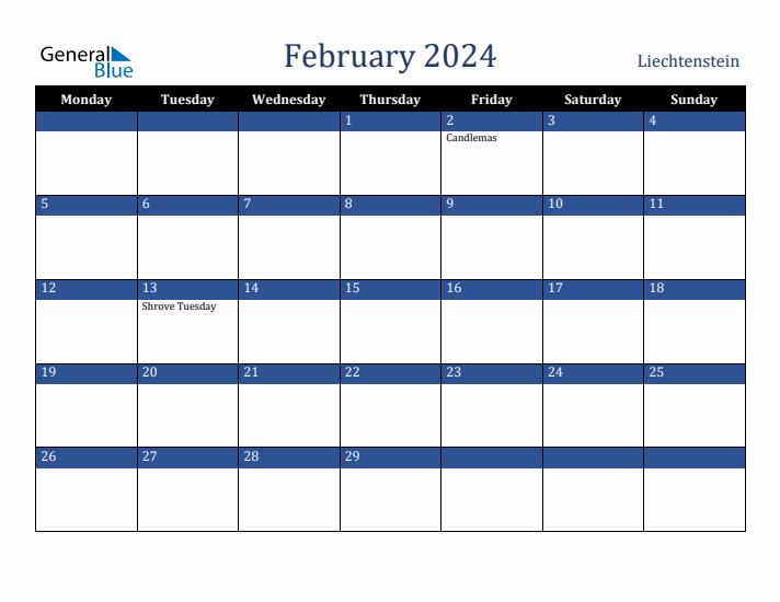 February 2024 Liechtenstein Calendar (Monday Start)