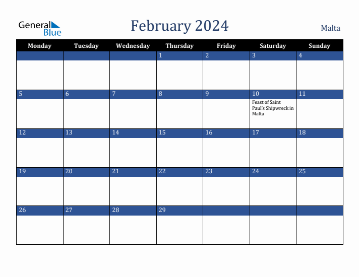February 2024 Malta Calendar (Monday Start)