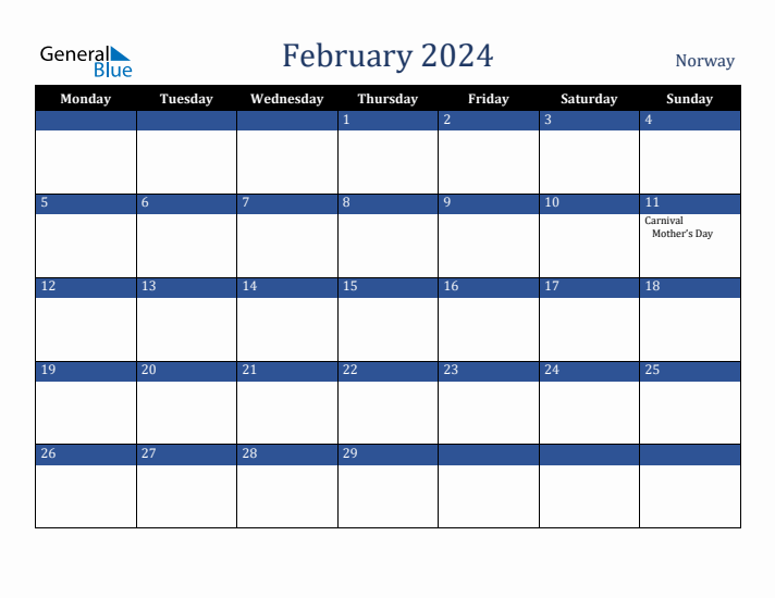 February 2024 Norway Calendar (Monday Start)