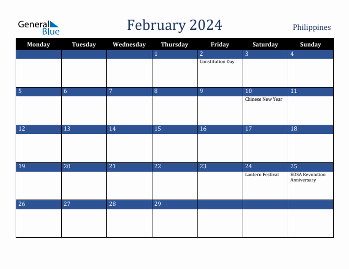 February 2024 Philippines Calendar (Monday Start)
