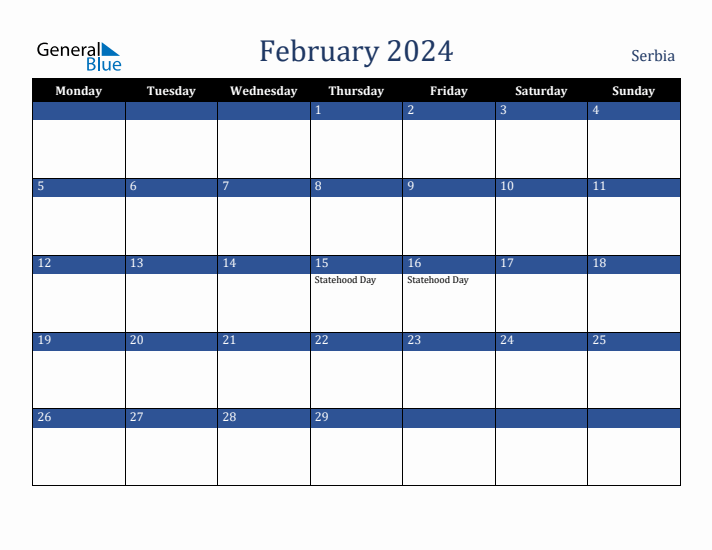 February 2024 Serbia Calendar (Monday Start)
