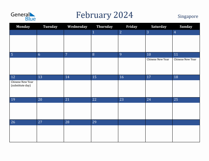 February 2024 Singapore Calendar (Monday Start)
