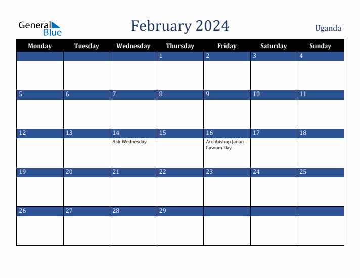 February 2024 Uganda Calendar (Monday Start)