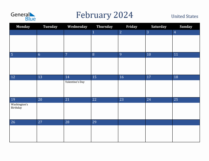 February 2024 United States Calendar (Monday Start)
