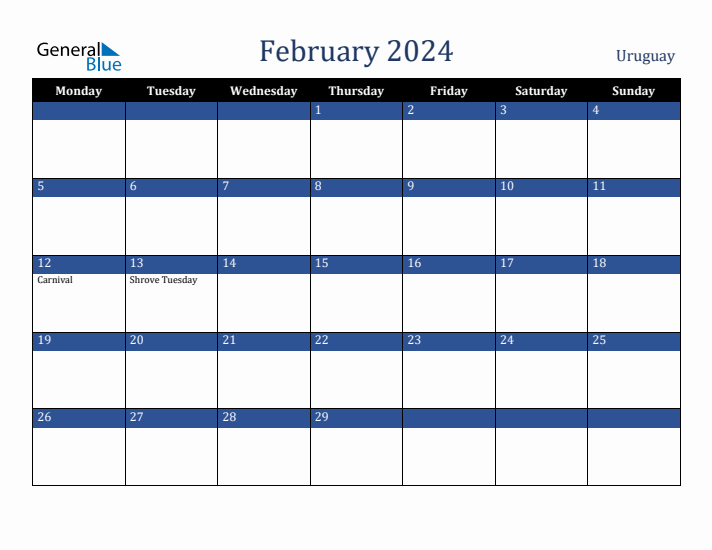 February 2024 Uruguay Calendar (Monday Start)
