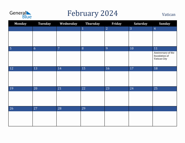 February 2024 Vatican Calendar (Monday Start)