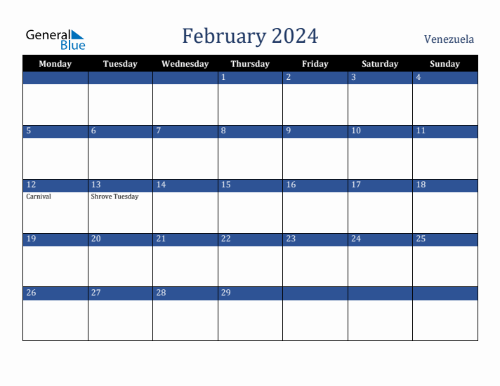 February 2024 Venezuela Calendar (Monday Start)