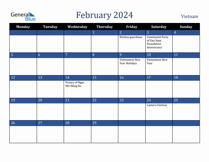 February 2024 Vietnam Calendar (Monday Start)