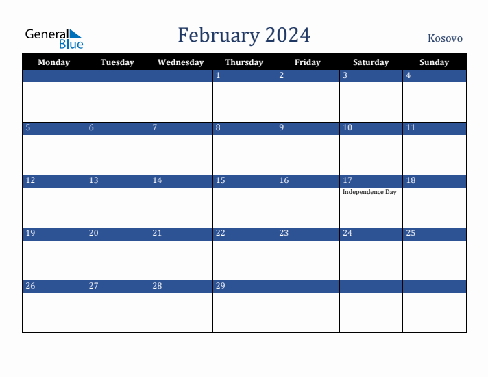 February 2024 Kosovo Calendar (Monday Start)