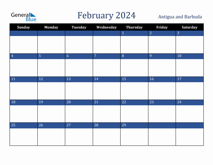 February 2024 Antigua and Barbuda Calendar (Sunday Start)