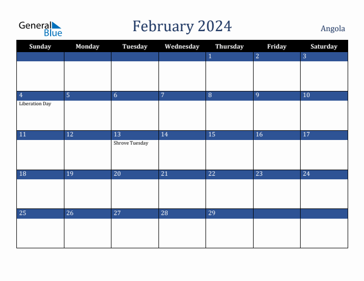 February 2024 Angola Calendar (Sunday Start)