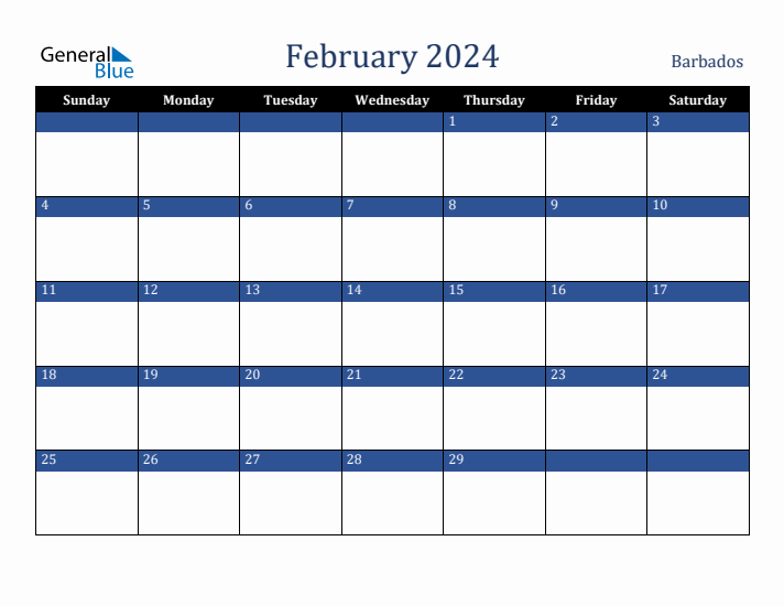 February 2024 Barbados Calendar (Sunday Start)