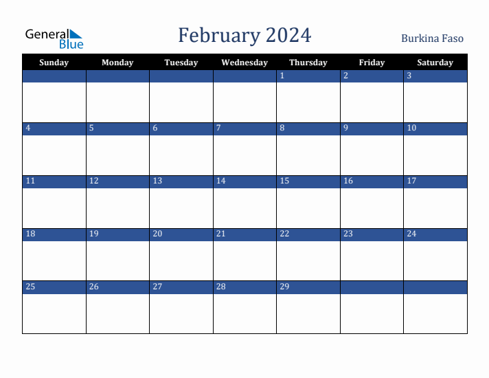 February 2024 Burkina Faso Calendar (Sunday Start)