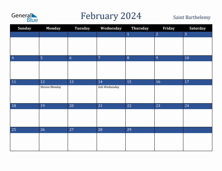 February 2024 Saint Barthelemy Calendar (Sunday Start)