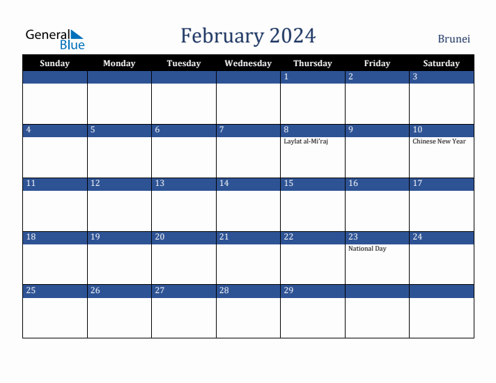 February 2024 Brunei Calendar (Sunday Start)