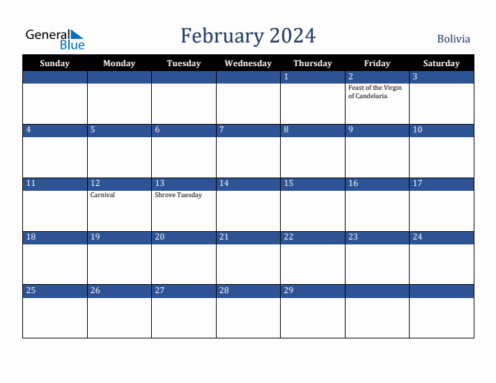 February 2024 Bolivia Calendar (Sunday Start)
