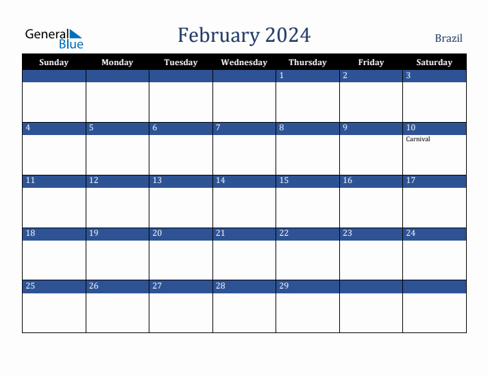 February 2024 Brazil Calendar (Sunday Start)