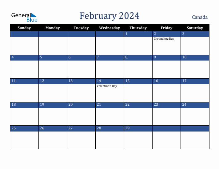 February 2024 Canada Calendar (Sunday Start)