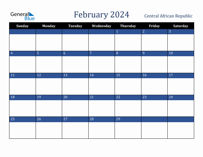 February 2024 Central African Republic Calendar (Sunday Start)
