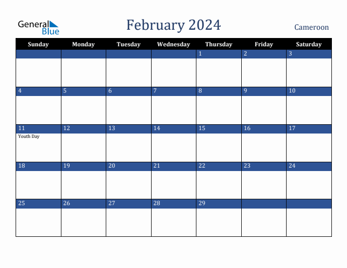 February 2024 Cameroon Calendar (Sunday Start)