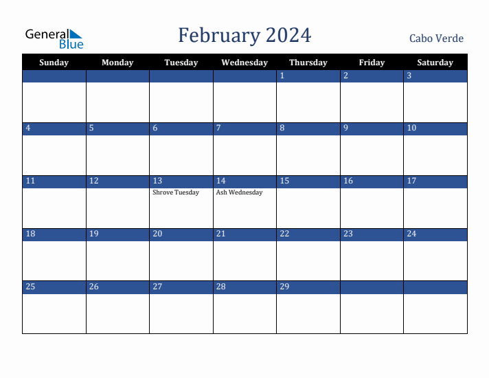 February 2024 Cabo Verde Calendar (Sunday Start)