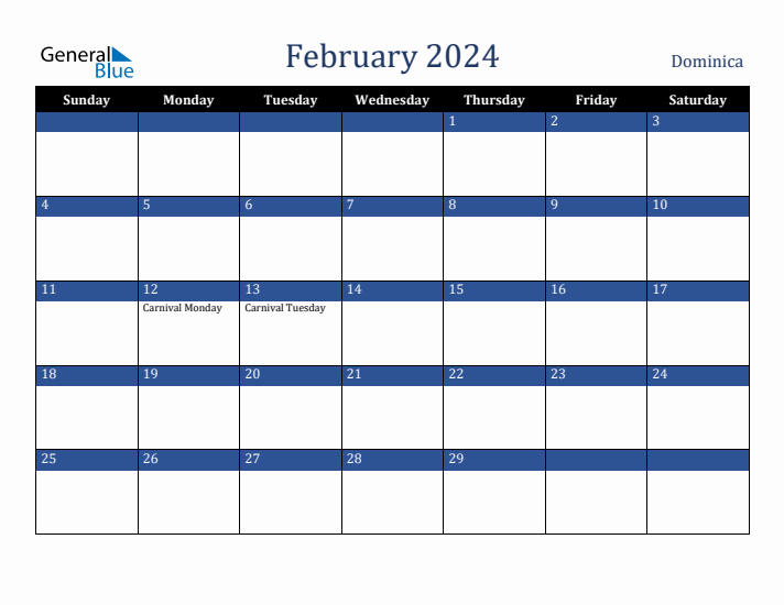 February 2024 Dominica Calendar (Sunday Start)