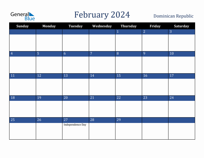 February 2024 Dominican Republic Calendar (Sunday Start)