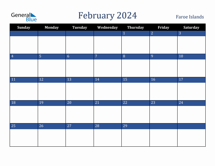 February 2024 Faroe Islands Calendar (Sunday Start)