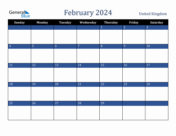 February 2024 United Kingdom Calendar (Sunday Start)
