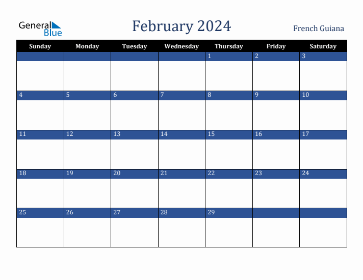 February 2024 French Guiana Calendar (Sunday Start)