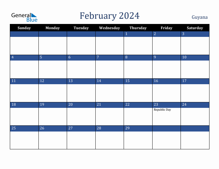February 2024 Guyana Calendar (Sunday Start)