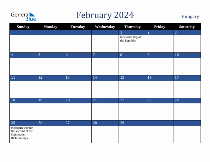 February 2024 Hungary Calendar (Sunday Start)