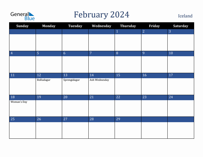 February 2024 Iceland Calendar (Sunday Start)