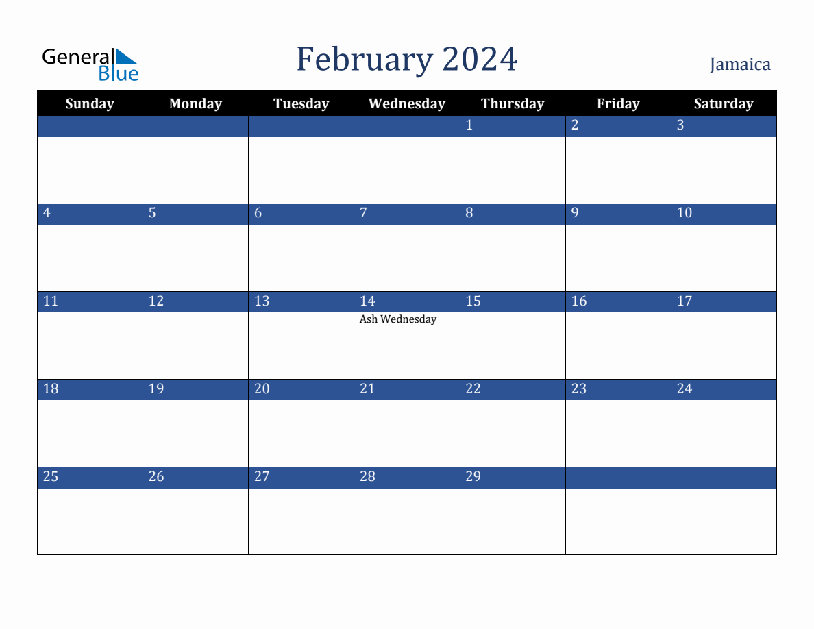 February 2024 Jamaica Holiday Calendar