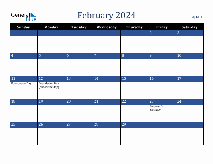 February 2024 Japan Calendar (Sunday Start)