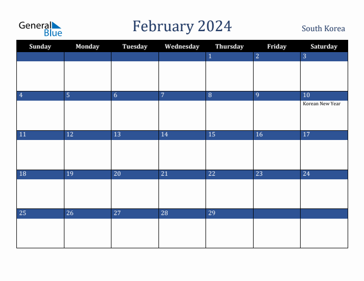 February 2024 Monthly Calendar with South Korea Holidays