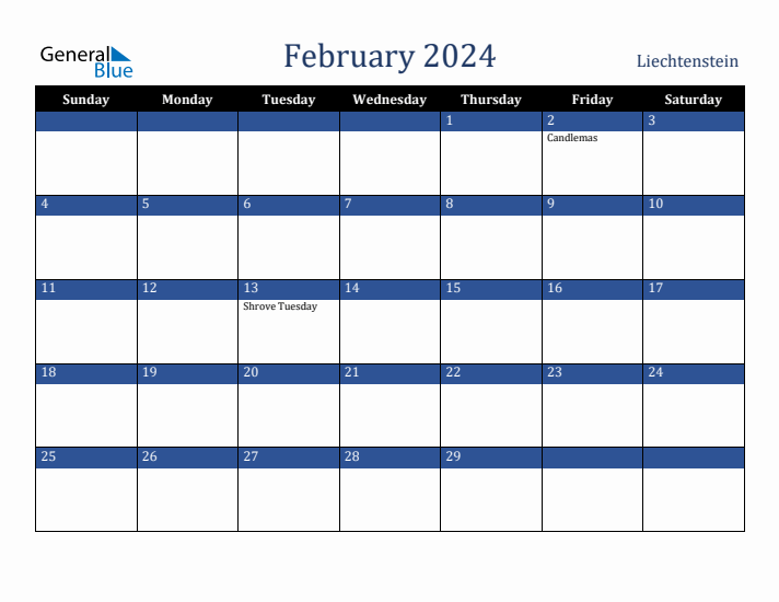 February 2024 Liechtenstein Calendar (Sunday Start)