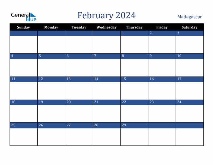 February 2024 Madagascar Calendar (Sunday Start)