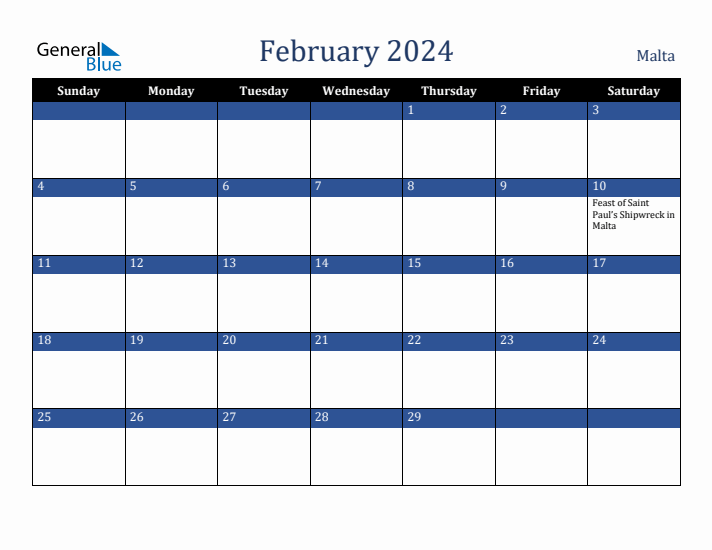 February 2024 Malta Calendar (Sunday Start)