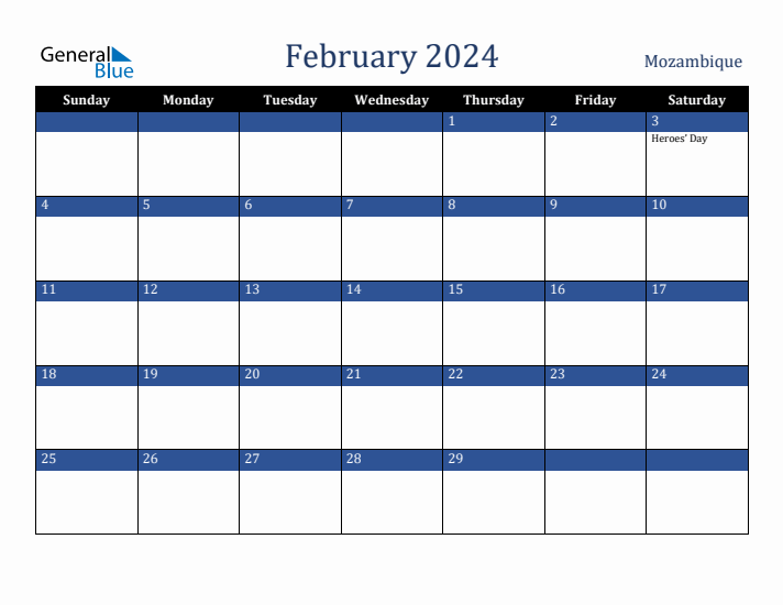 February 2024 Mozambique Calendar (Sunday Start)