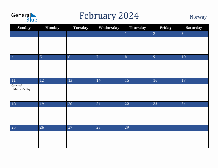 February 2024 Norway Calendar (Sunday Start)