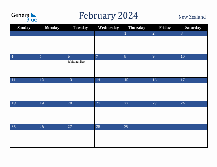 February 2024 New Zealand Calendar (Sunday Start)