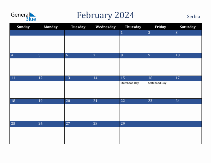 February 2024 Serbia Calendar (Sunday Start)