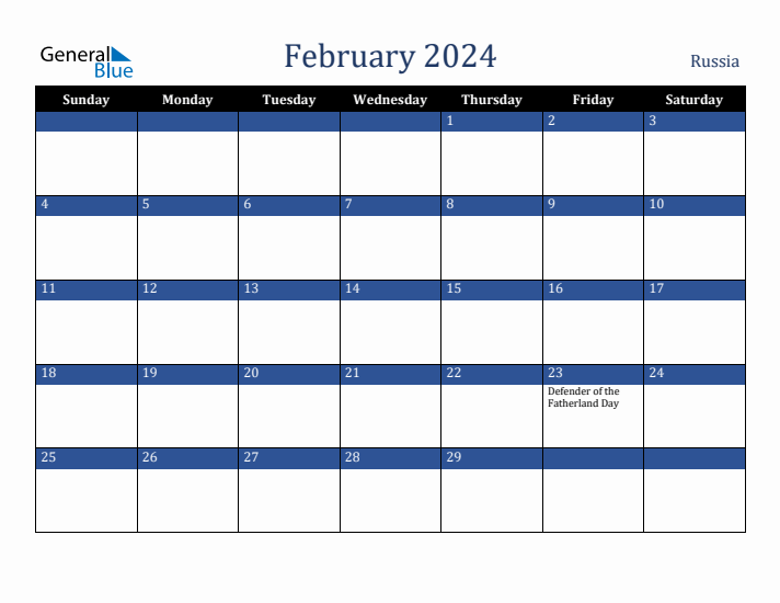 February 2024 Russia Calendar (Sunday Start)