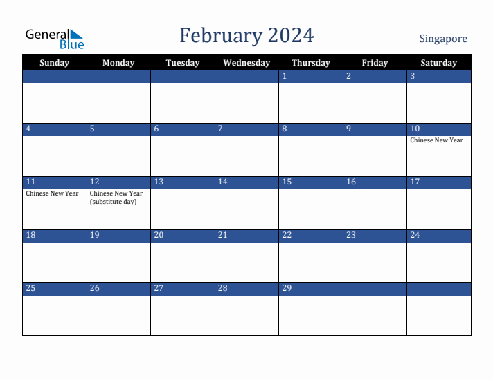 February 2024 Singapore Calendar (Sunday Start)