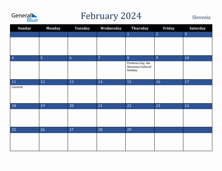 February 2024 Slovenia Calendar (Sunday Start)