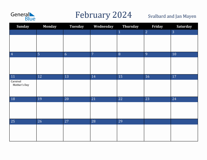 February 2024 Svalbard and Jan Mayen Calendar (Sunday Start)
